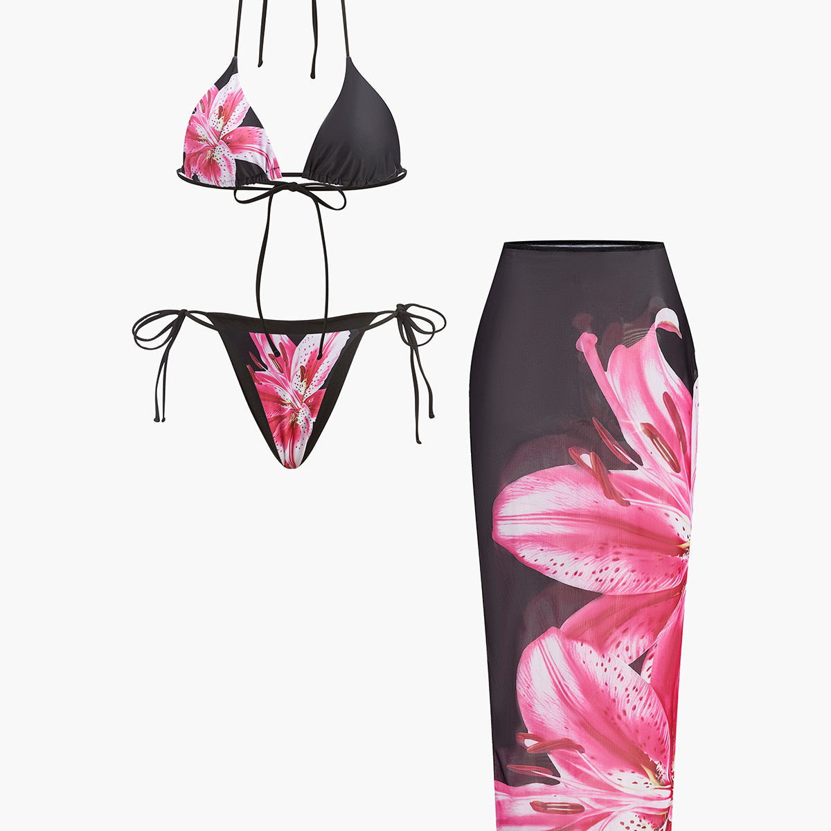 Bikini w kwiaty z siatkową spódnicą