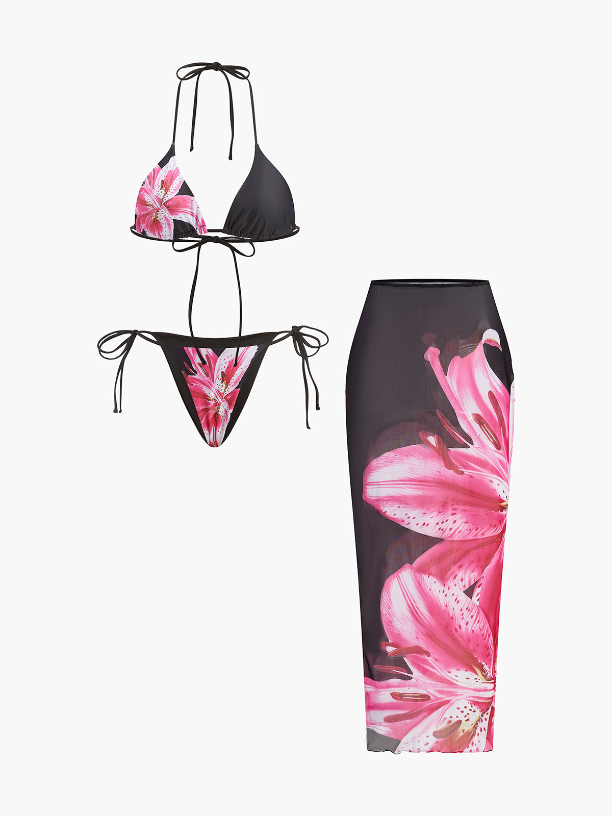Bikini w kwiaty z siatkową spódnicą