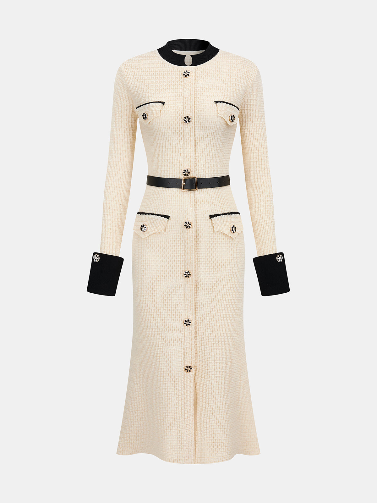 Sukienka midi z kontrastowym wykończeniem i paskiem