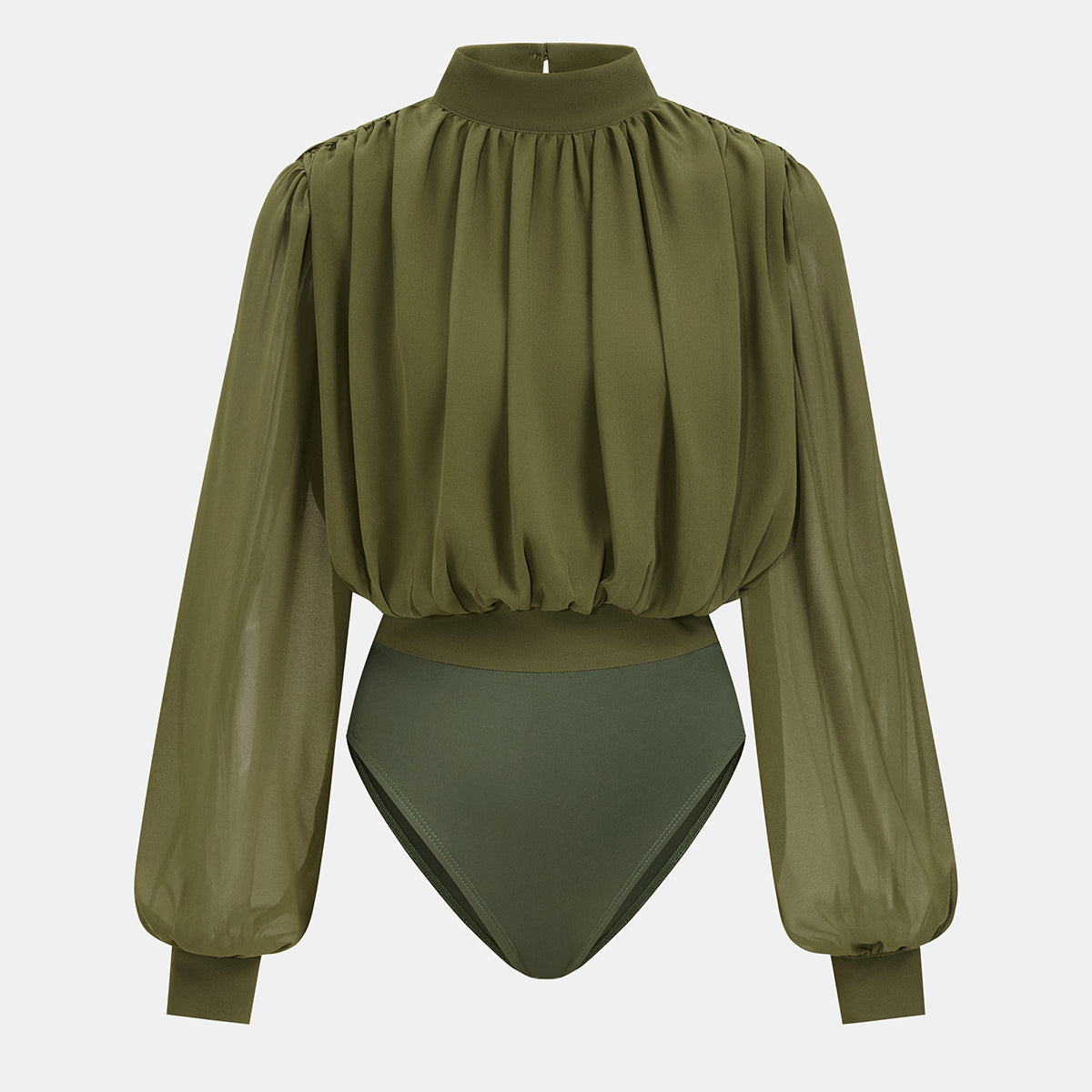 Półprzezroczyste body z marszczeniami i bufiastymi rękawami