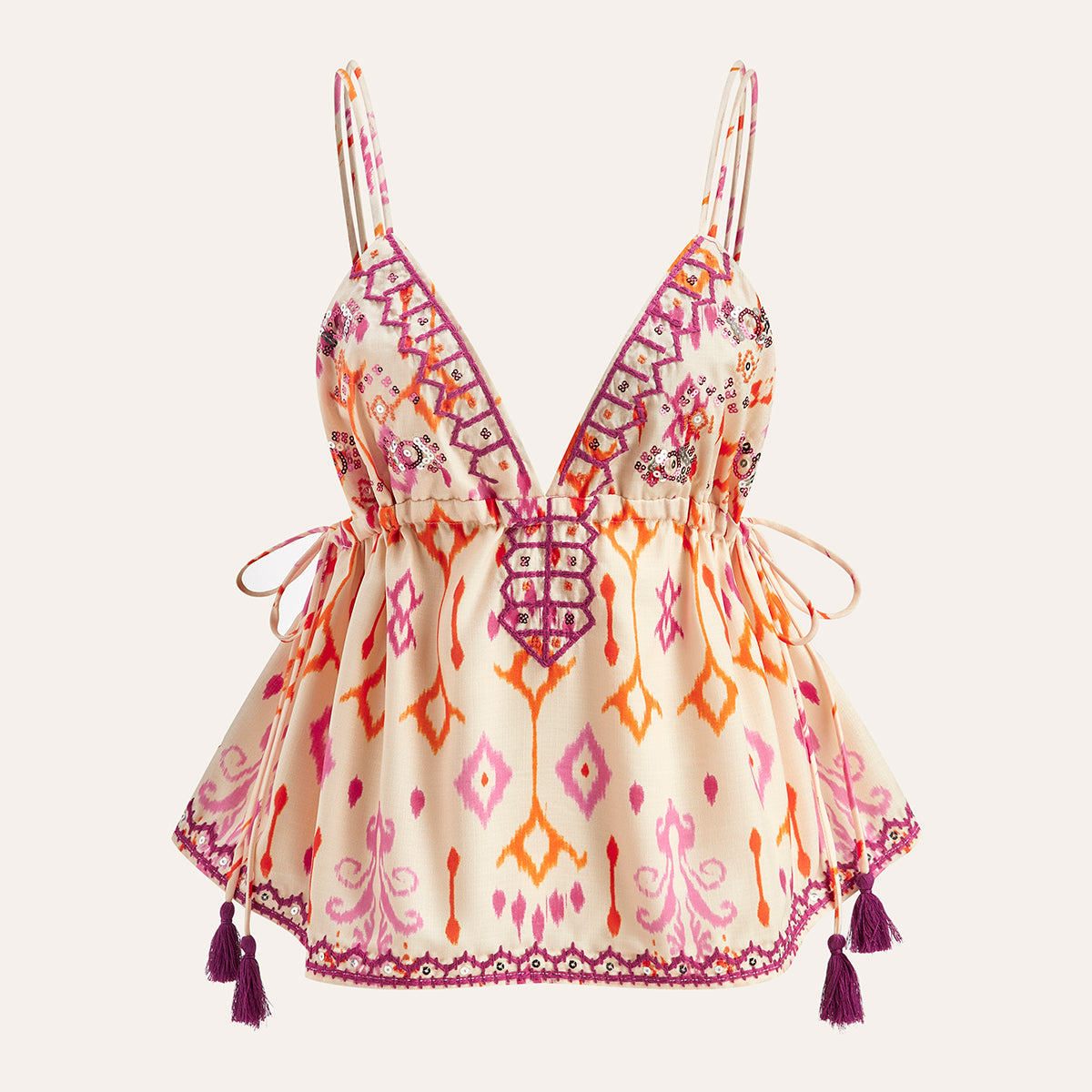 Haftowany boho top na ramiączkach z frędzlami