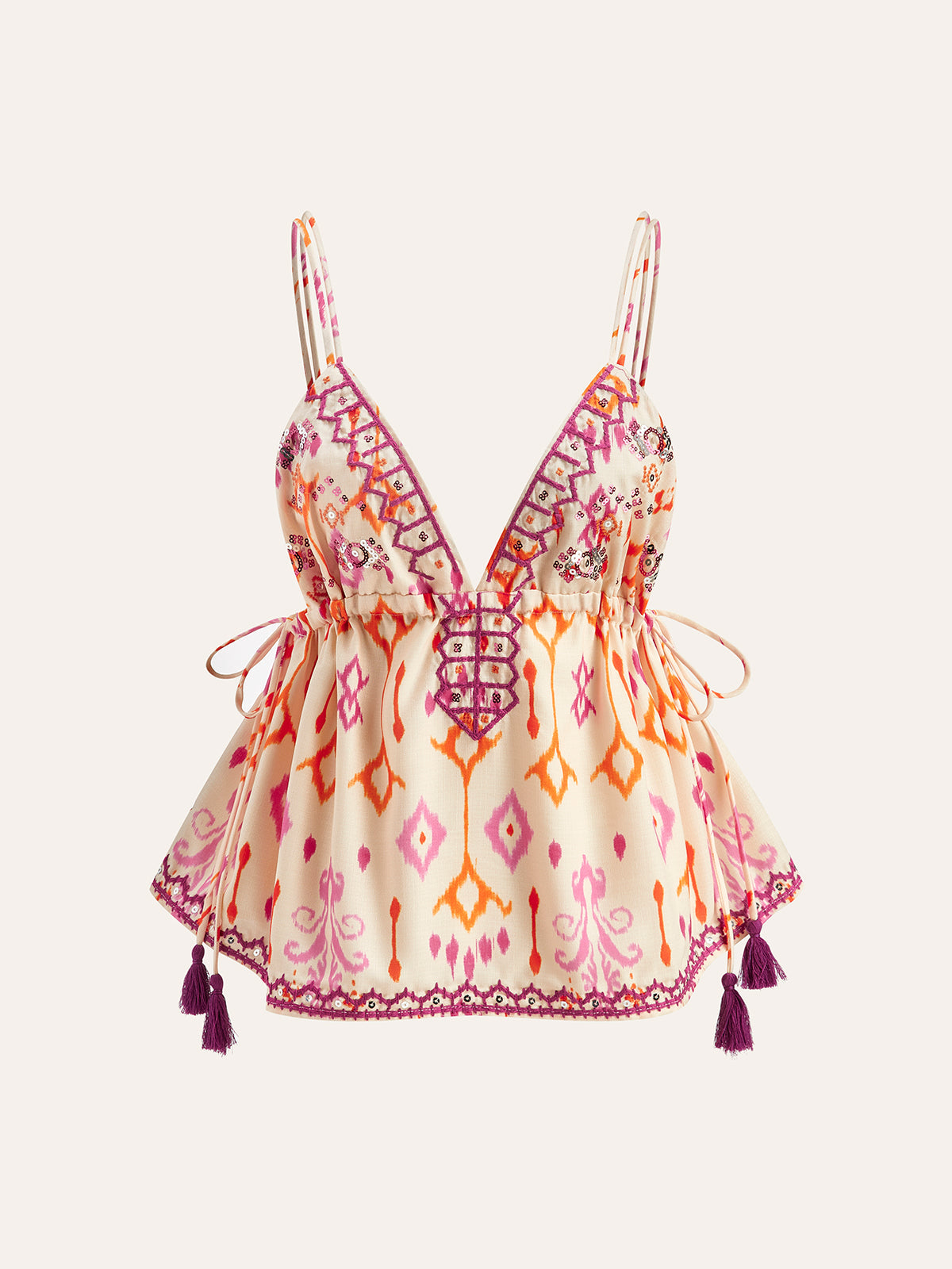 Haftowany boho top na ramiączkach z frędzlami