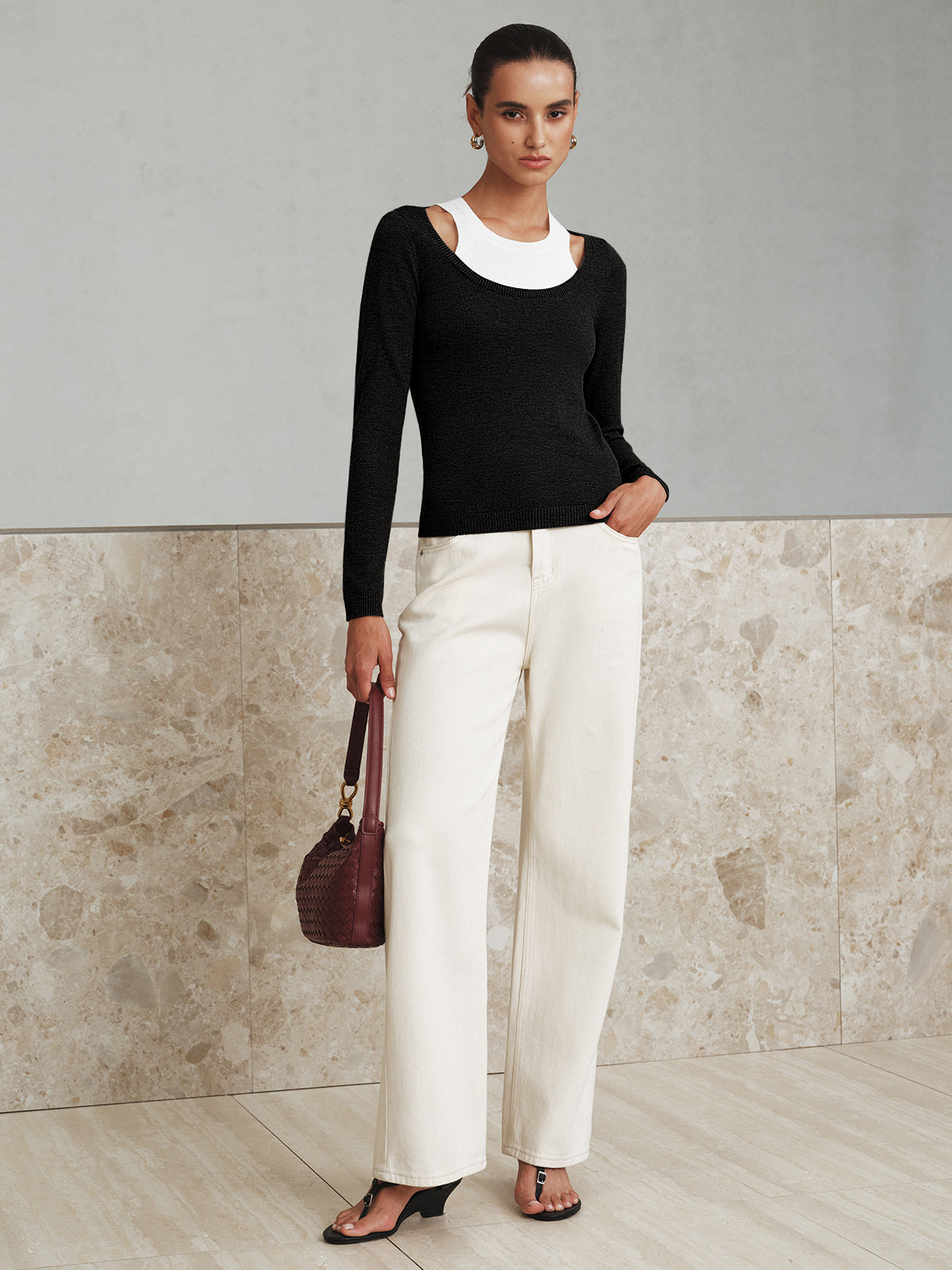 Dwuwarstwowy wełniany top z wycięciami