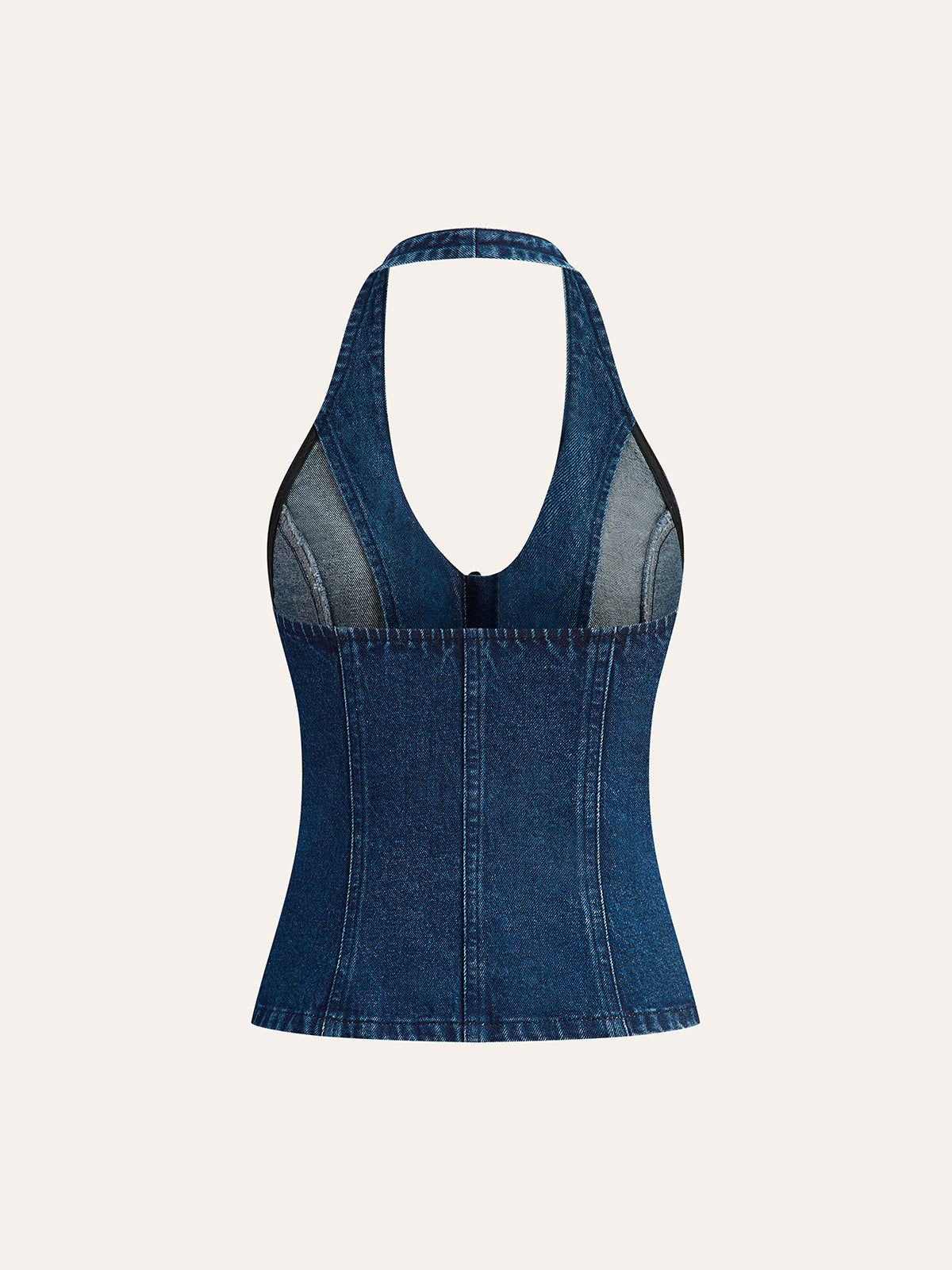 Denimowy top z dekoltem halter i guzikami