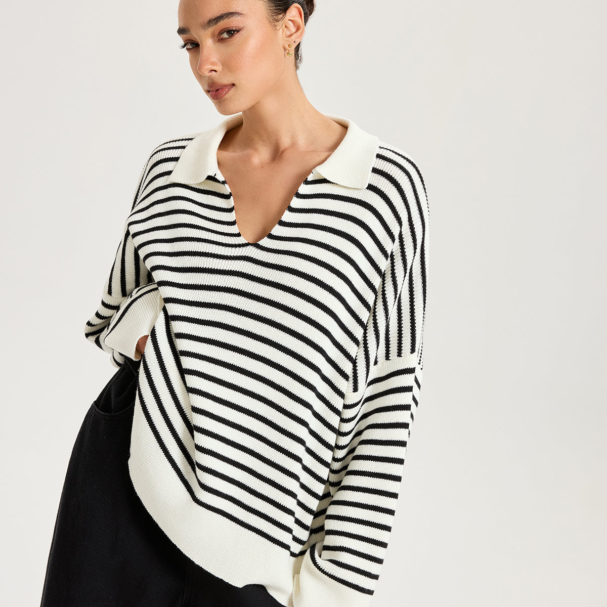 Bluzka oversize w paski z kołnierzykiem polo