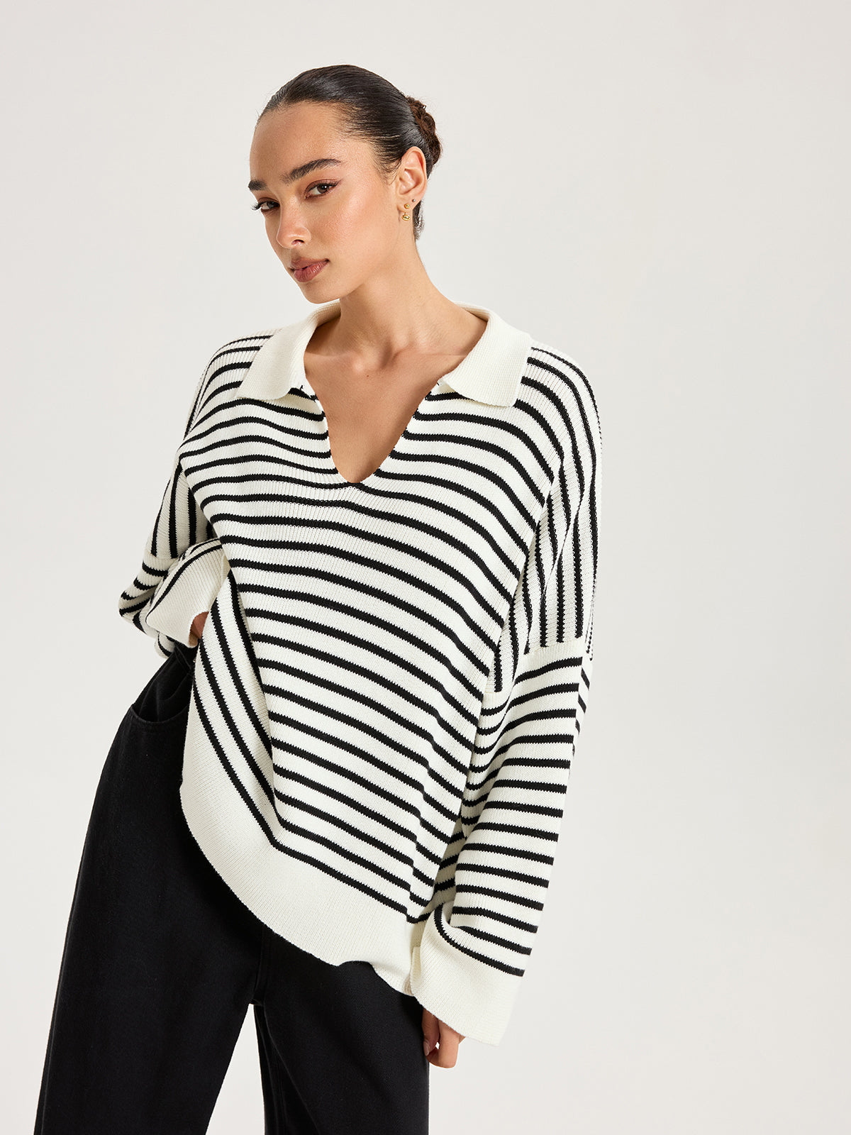 Bluzka oversize w paski z kołnierzykiem polo