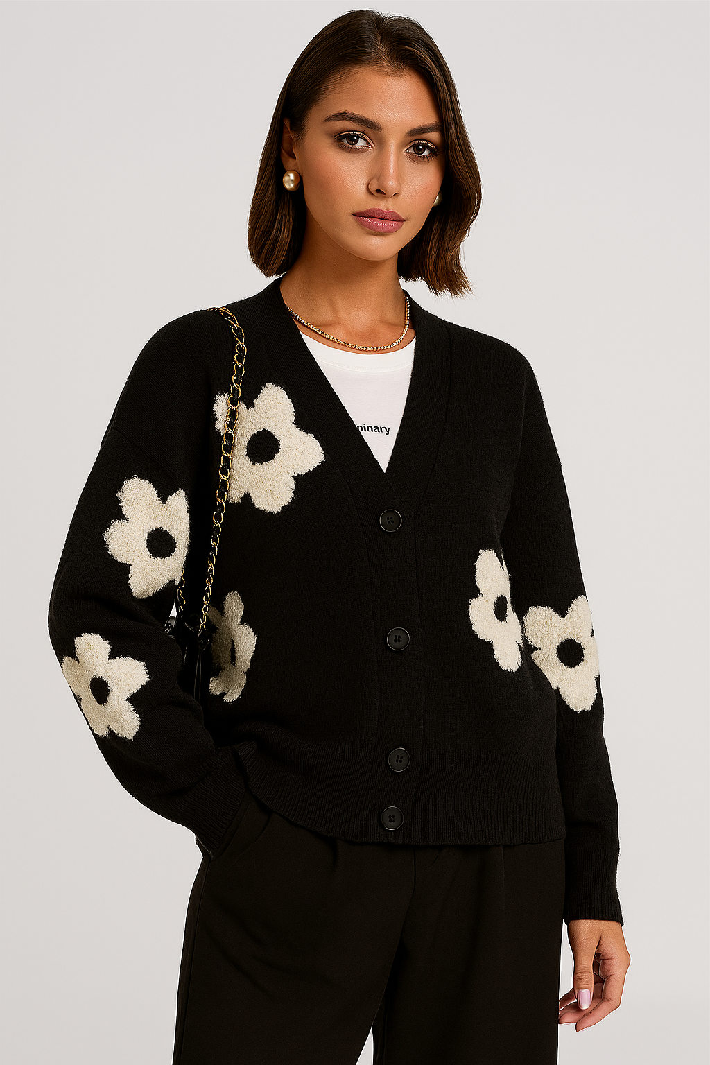 Kardigan damski z kwiatowym wzorem i dekoltem V