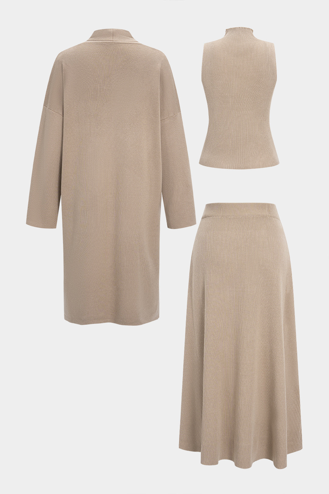 Komplet dzianinowy z długim kardiganem i spódnicą