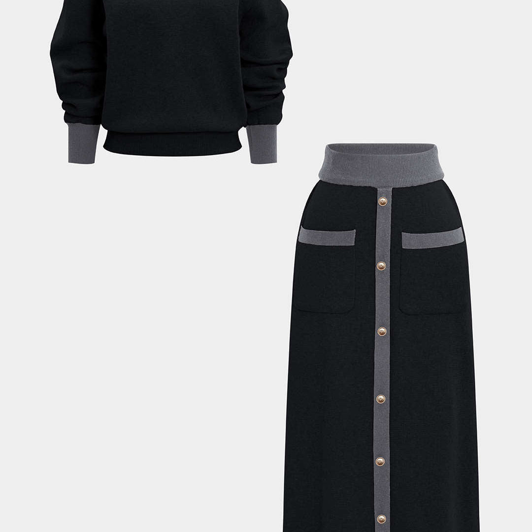 Komplet sweter z długą spódnicą z guzikami