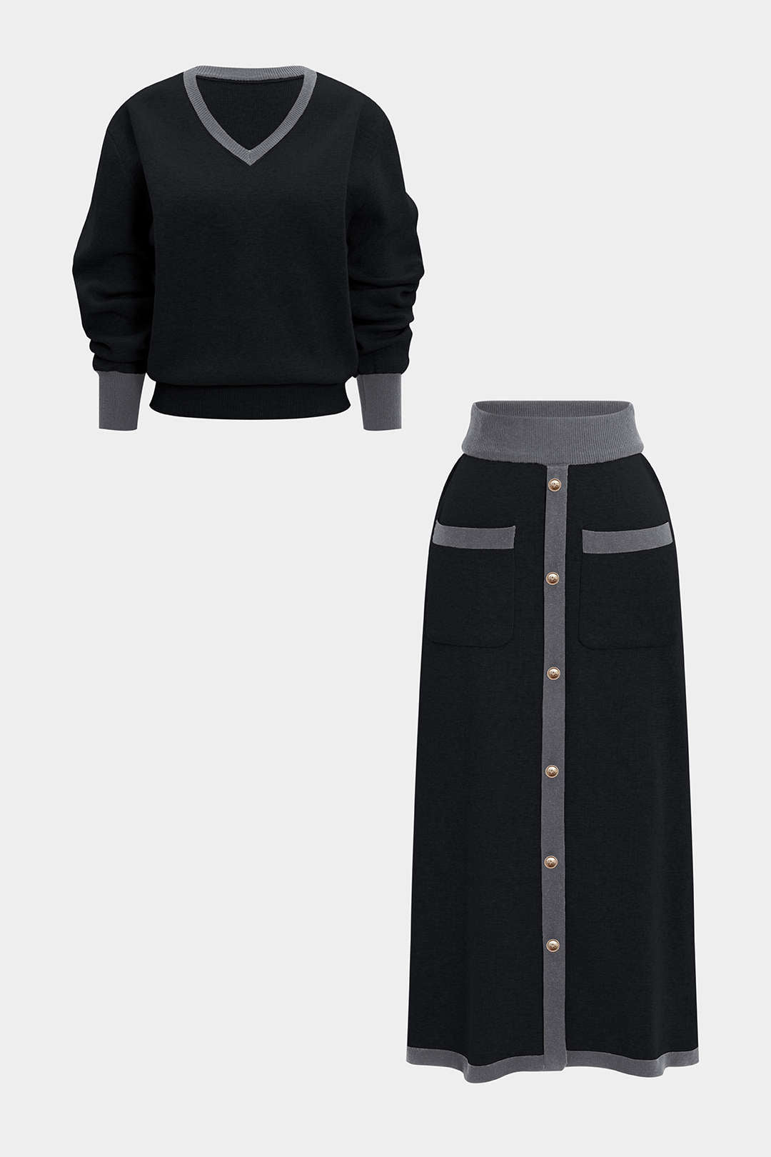 Komplet sweter z długą spódnicą z guzikami