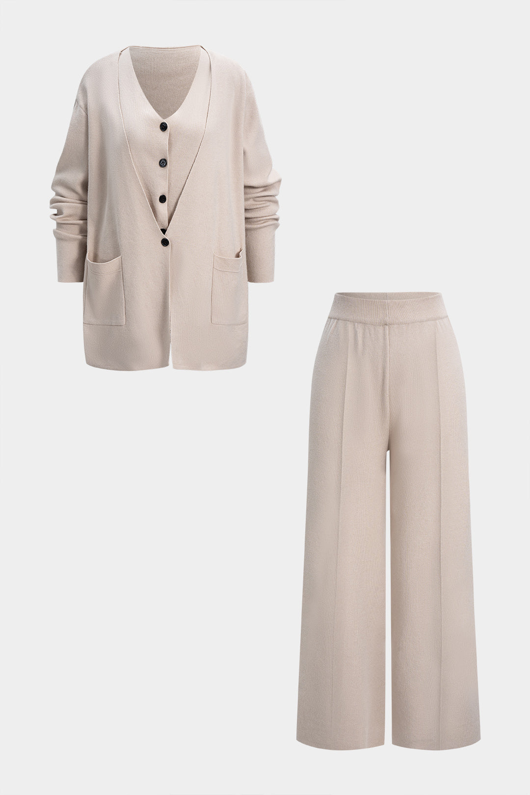 Komplet swetrowy z szerokimi spodniami i kieszeniami