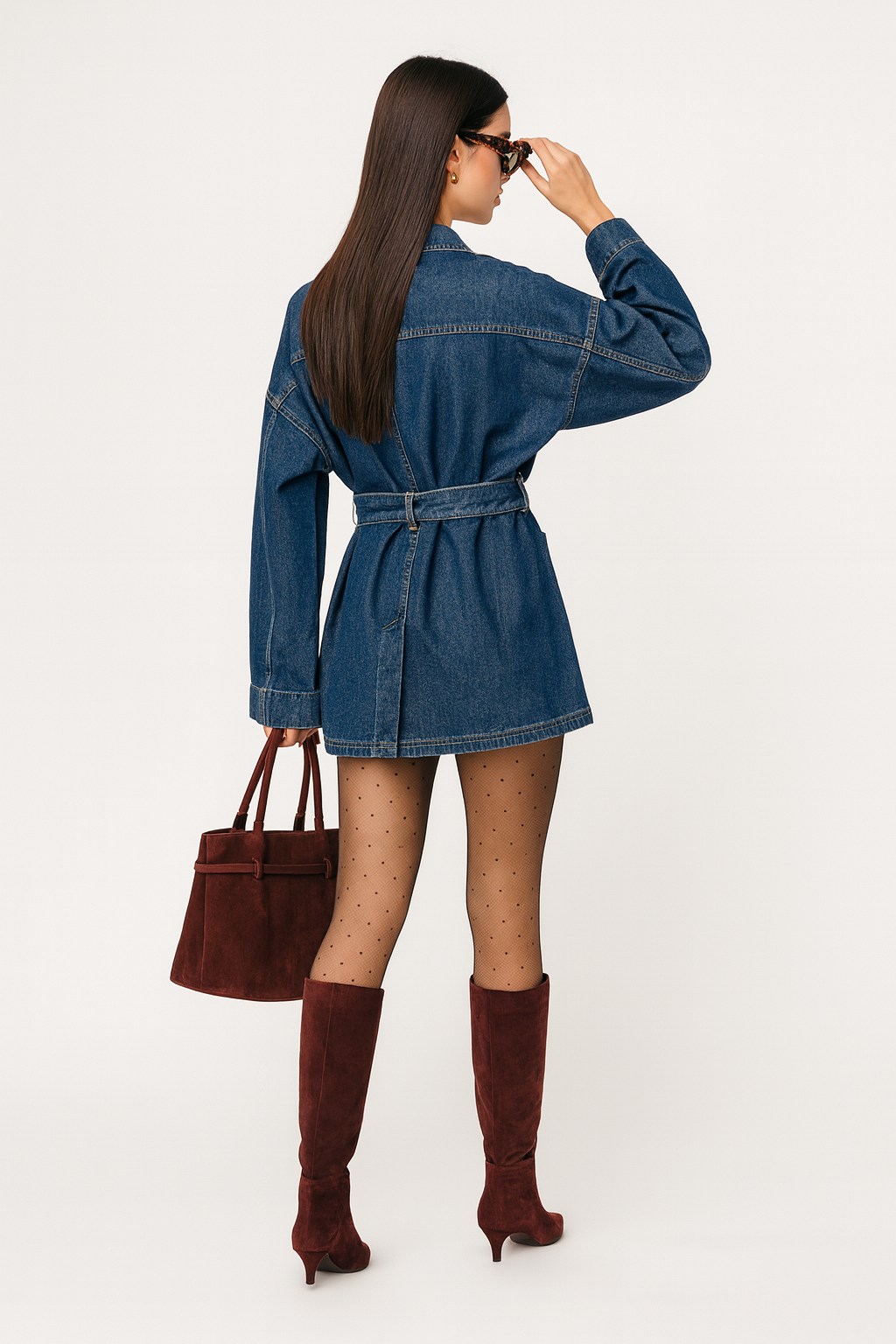 Kurtka jeansowa z paskiem i kołnierzem