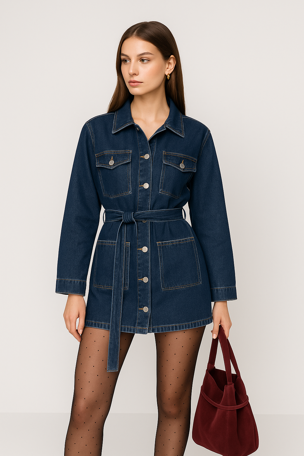 Kurtka jeansowa z paskiem i kołnierzem