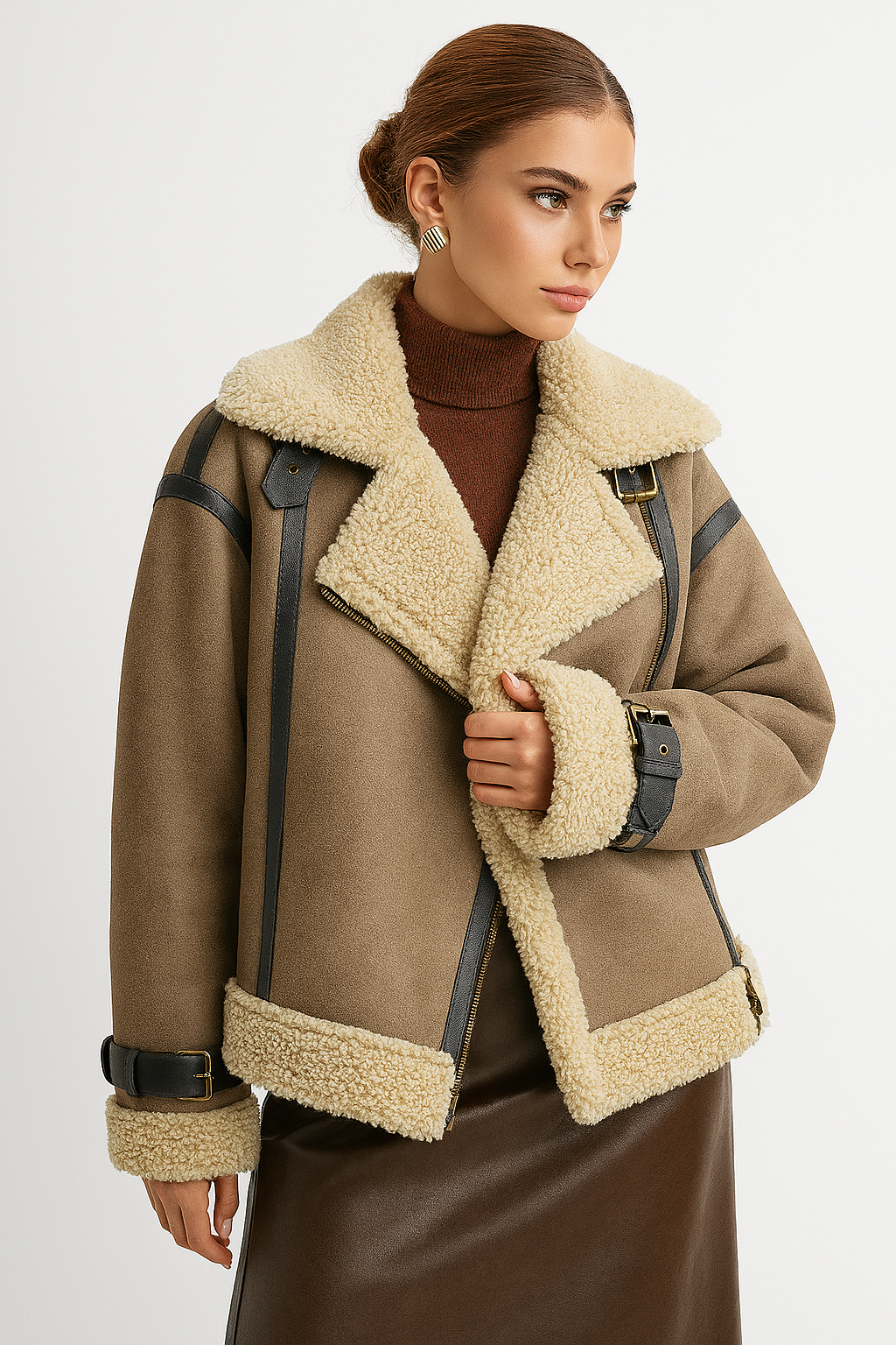 Kurtka skórzana z futrzanym kołnierzem w stylu motocyklowym