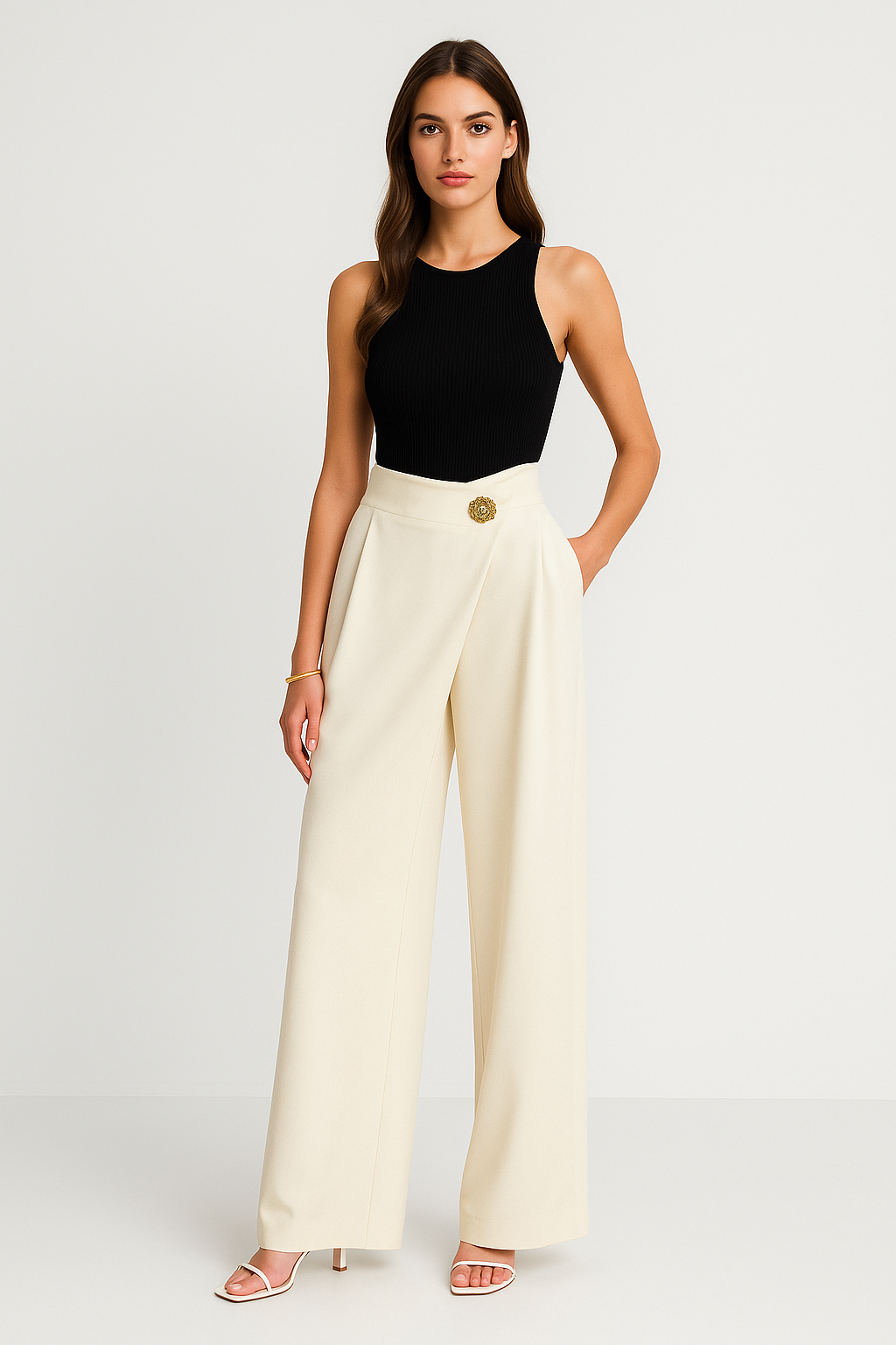 Spodnie damskie z wysokim stanem i szerokimi nogawkami