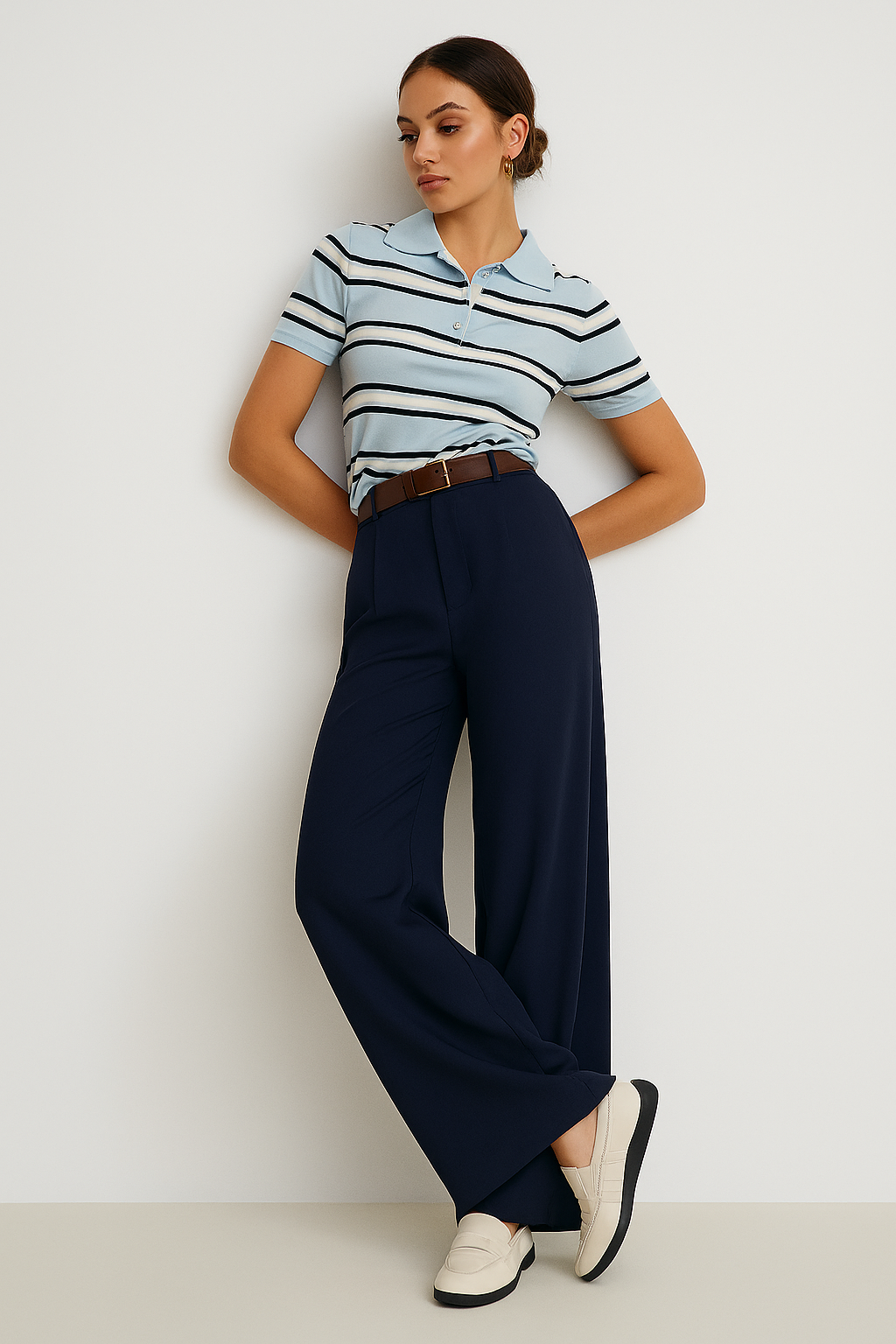 Spodnie z paskiem i podwiniętymi nogawkami