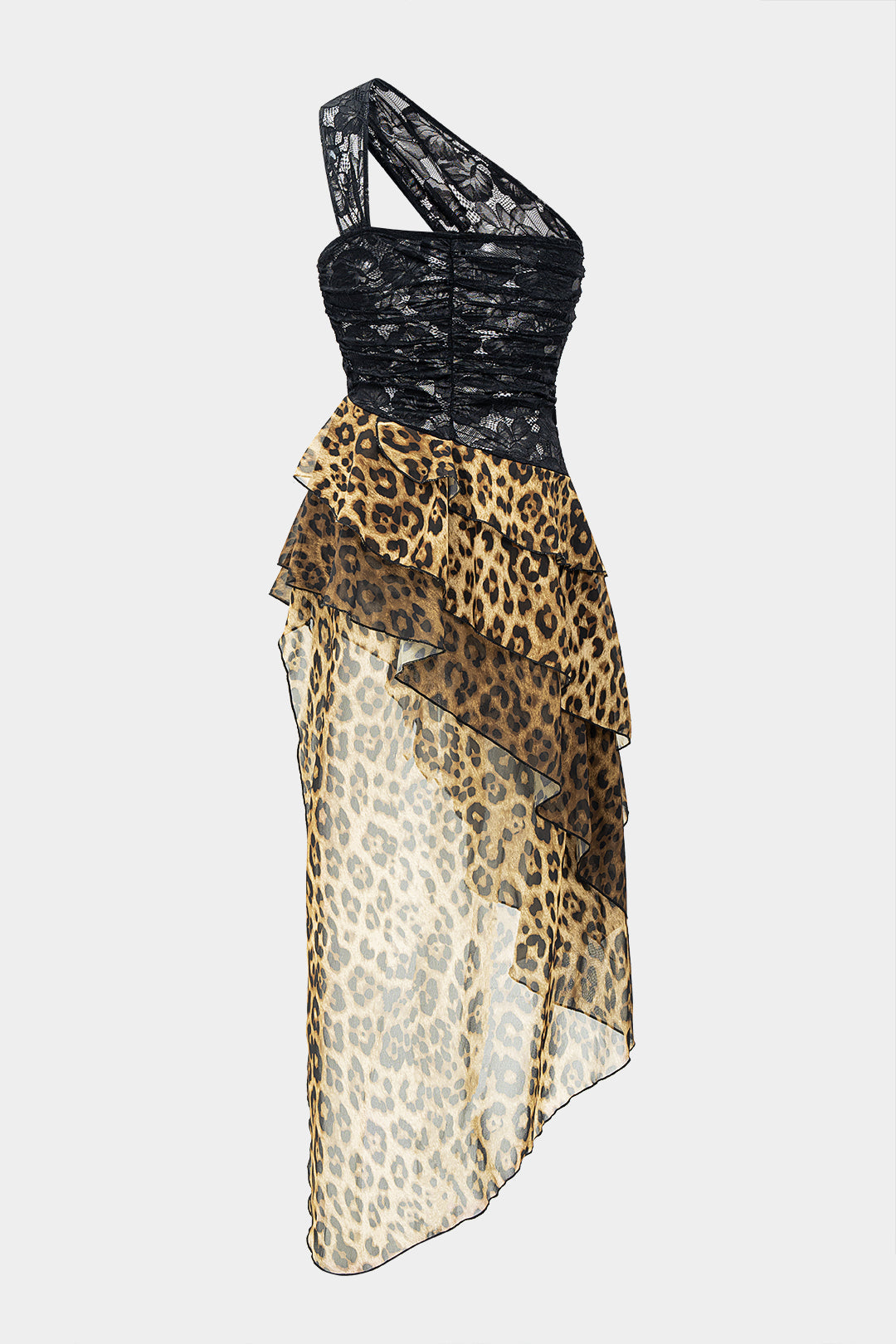 Sukienka asymetryczna z koronkowym gorsetem i falbanami