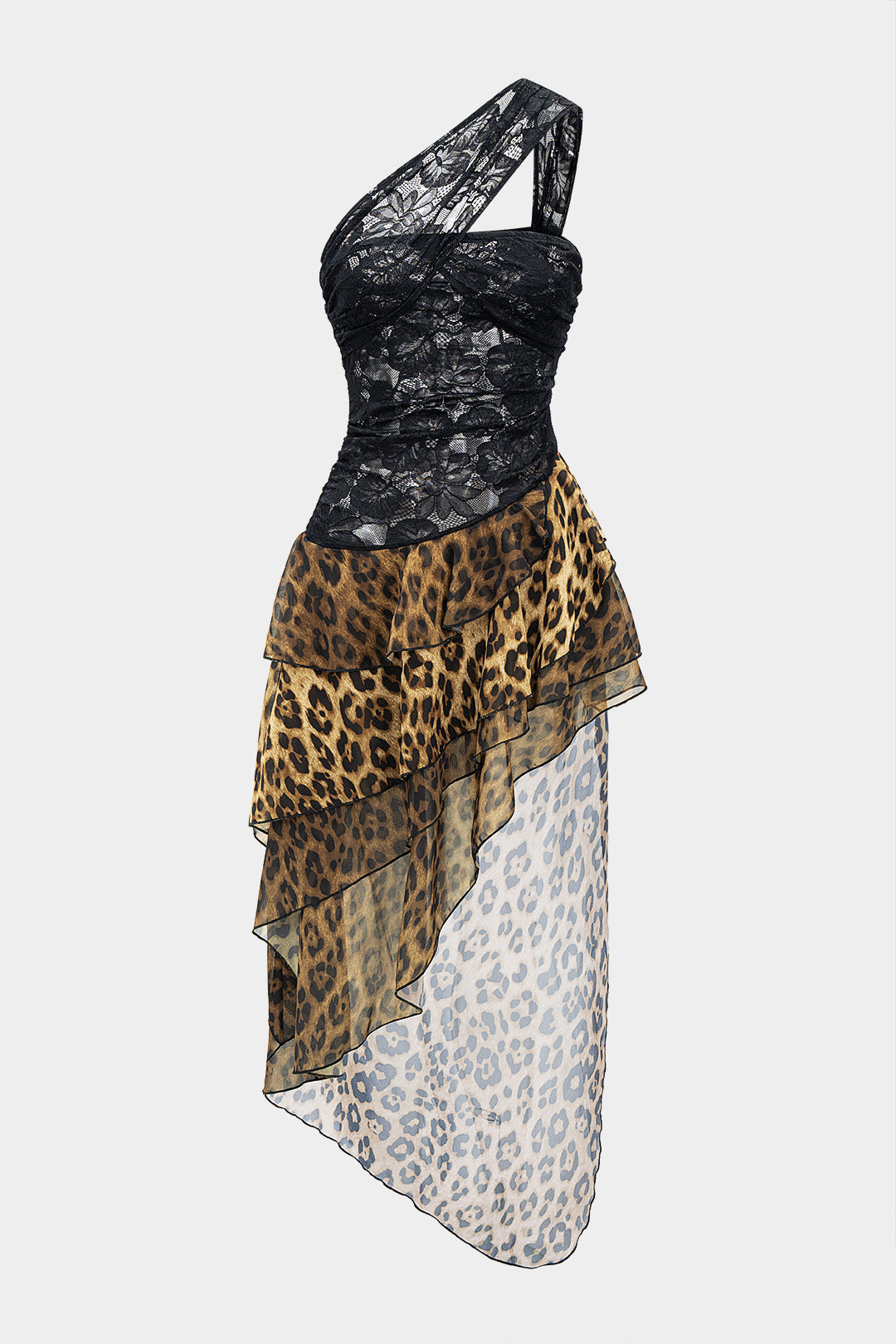 Sukienka asymetryczna z koronkowym gorsetem i falbanami