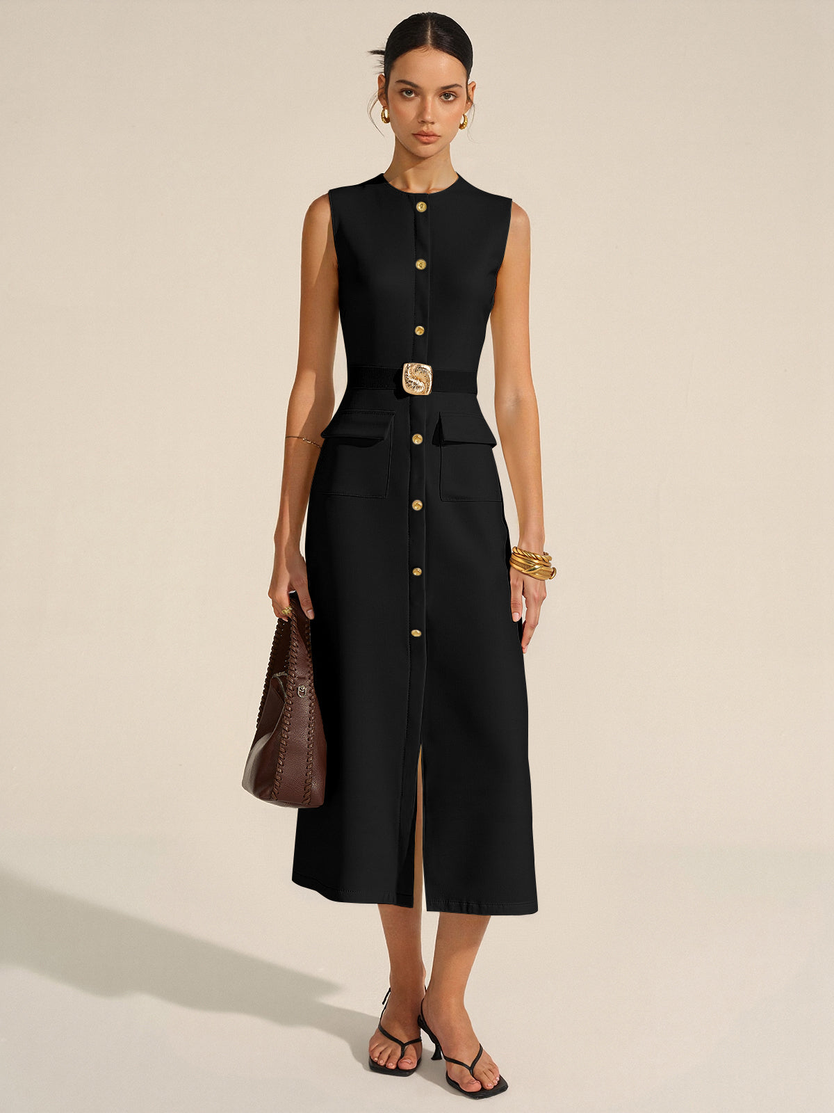 Sukienka midi bez rękawów z guzikami