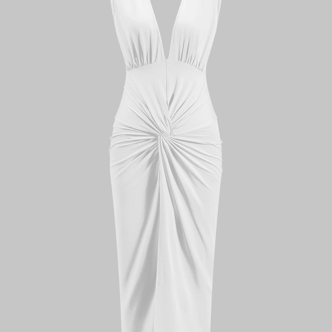 Sukienka midi z drapowaniem i dekoltem V