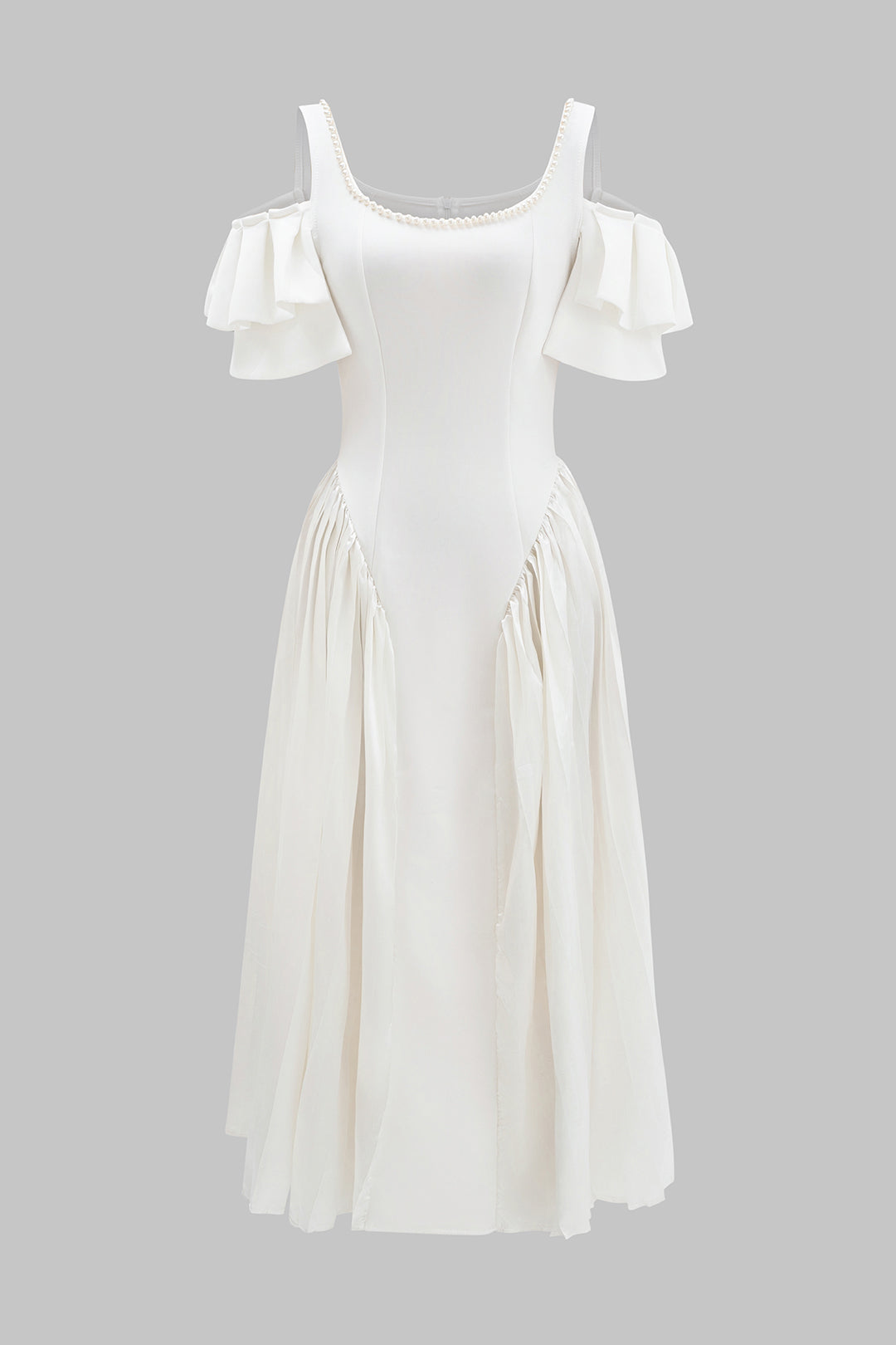 Sukienka midi z odkrytymi ramionami i falbanami