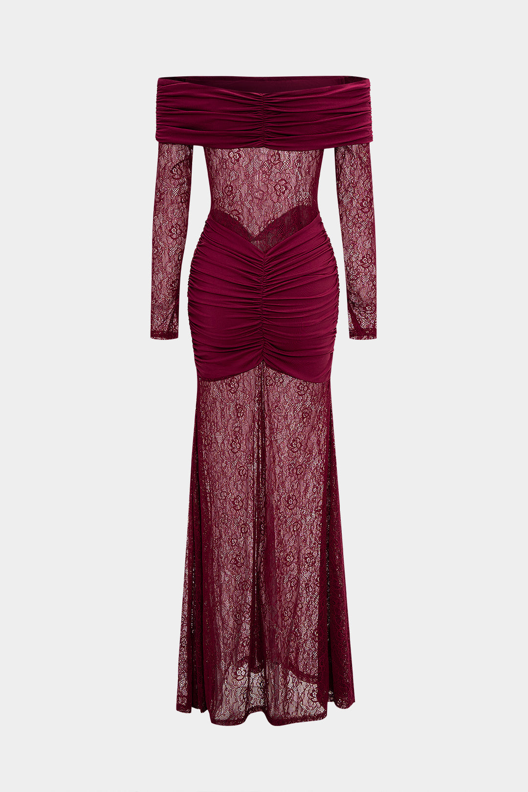 Sukienka wieczorowa z koronkowymi wstawkami i marszczeniami