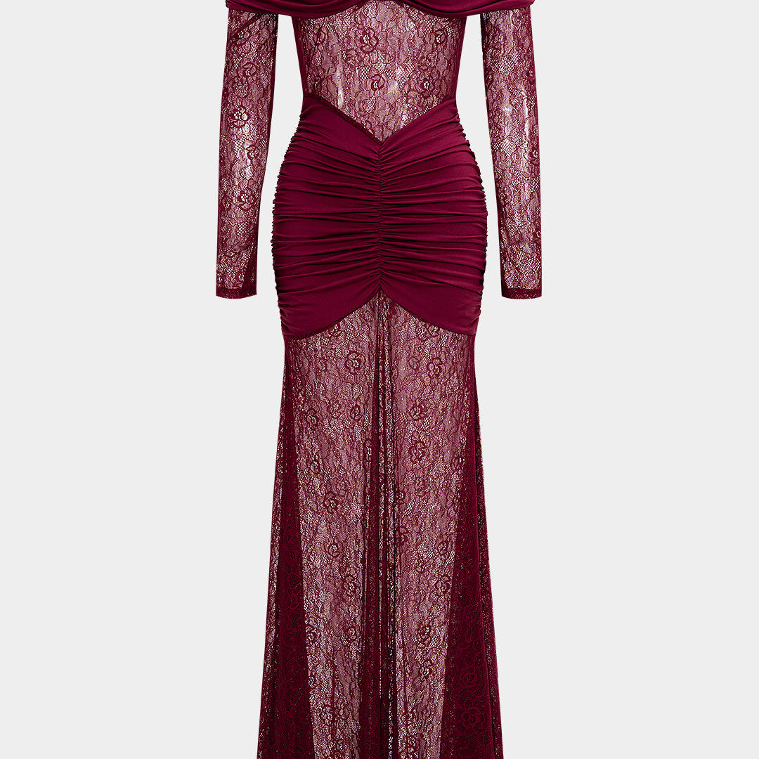 Sukienka wieczorowa z koronkowymi wstawkami i marszczeniami