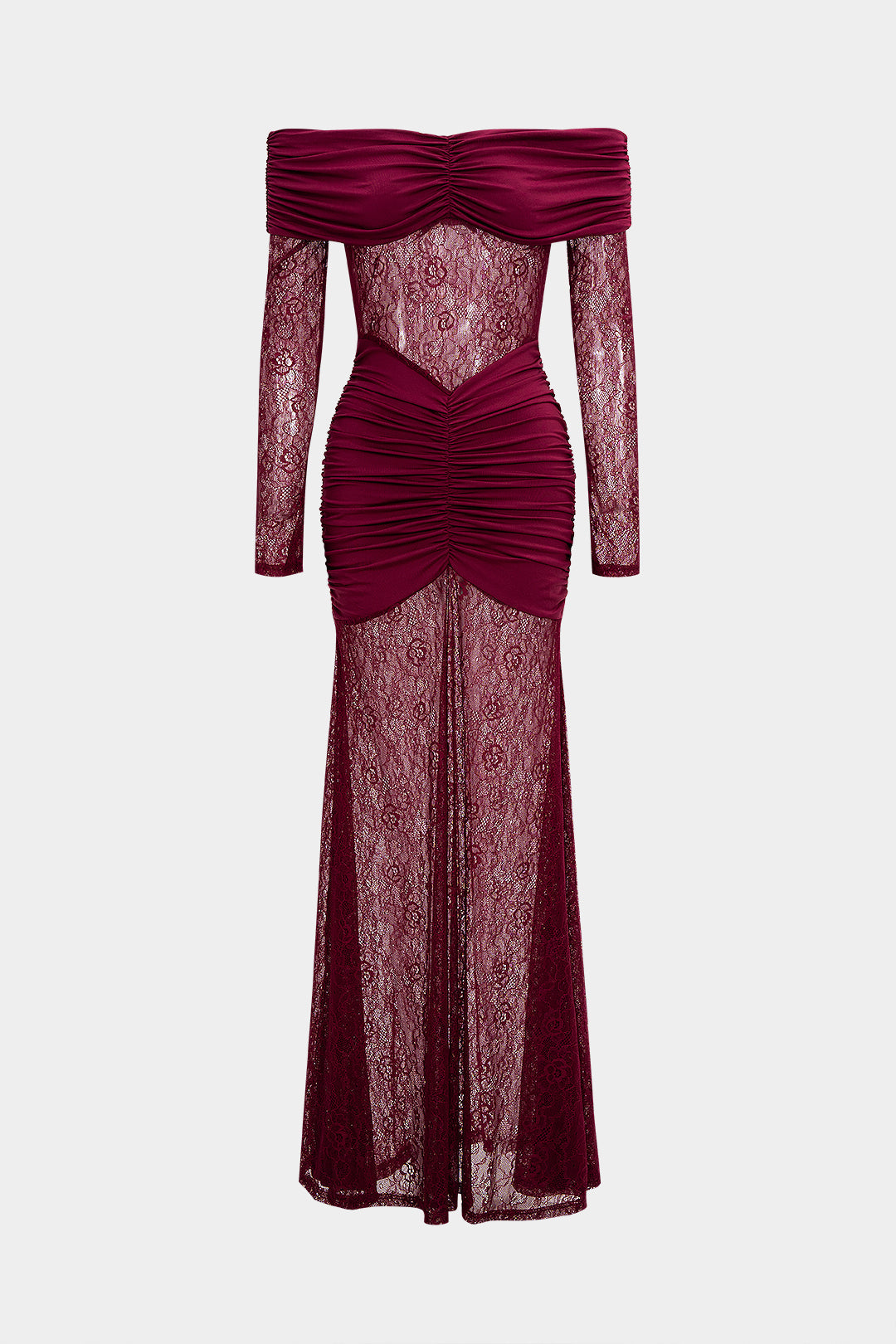 Sukienka wieczorowa z koronkowymi wstawkami i marszczeniami