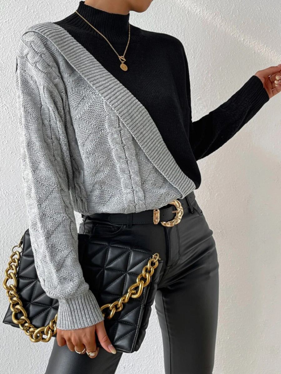 Sweter asymetryczny z warkoczowym splotem i golfem