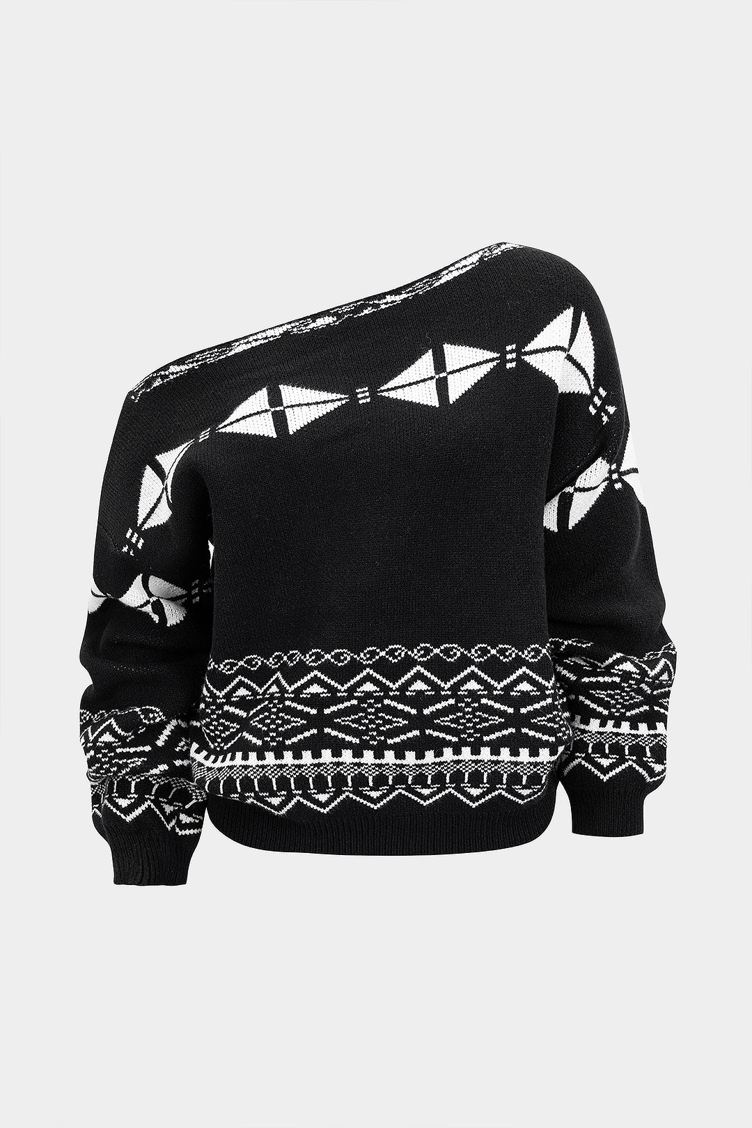 Sweter damski z asymetrycznym dekoltem i wzorem