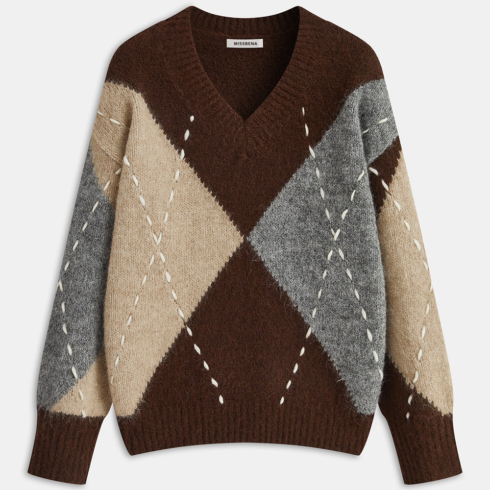 Sweter damski z dekoltem w serek w romby