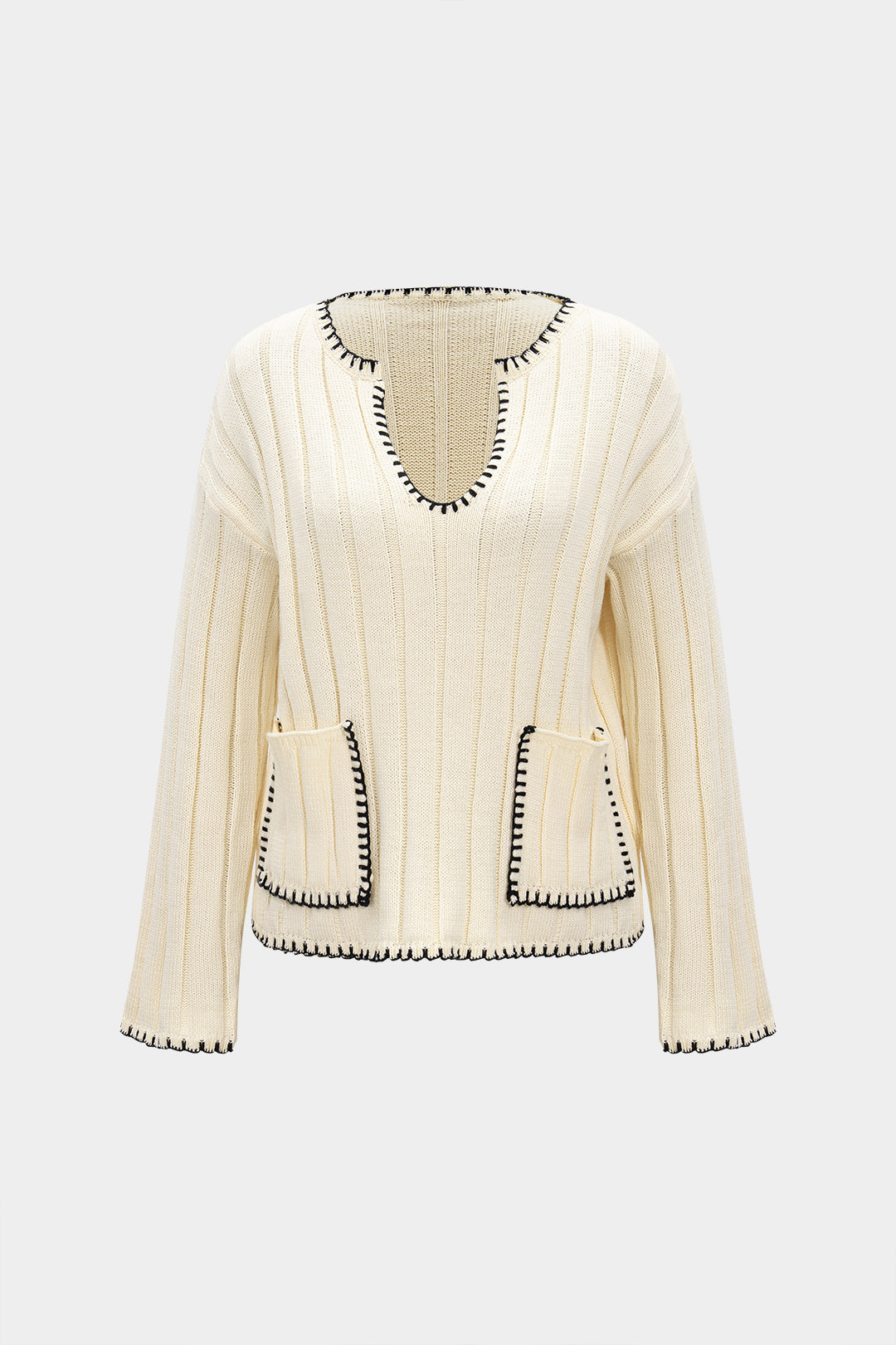 Sweter z dekoltem w serek i kieszeniami