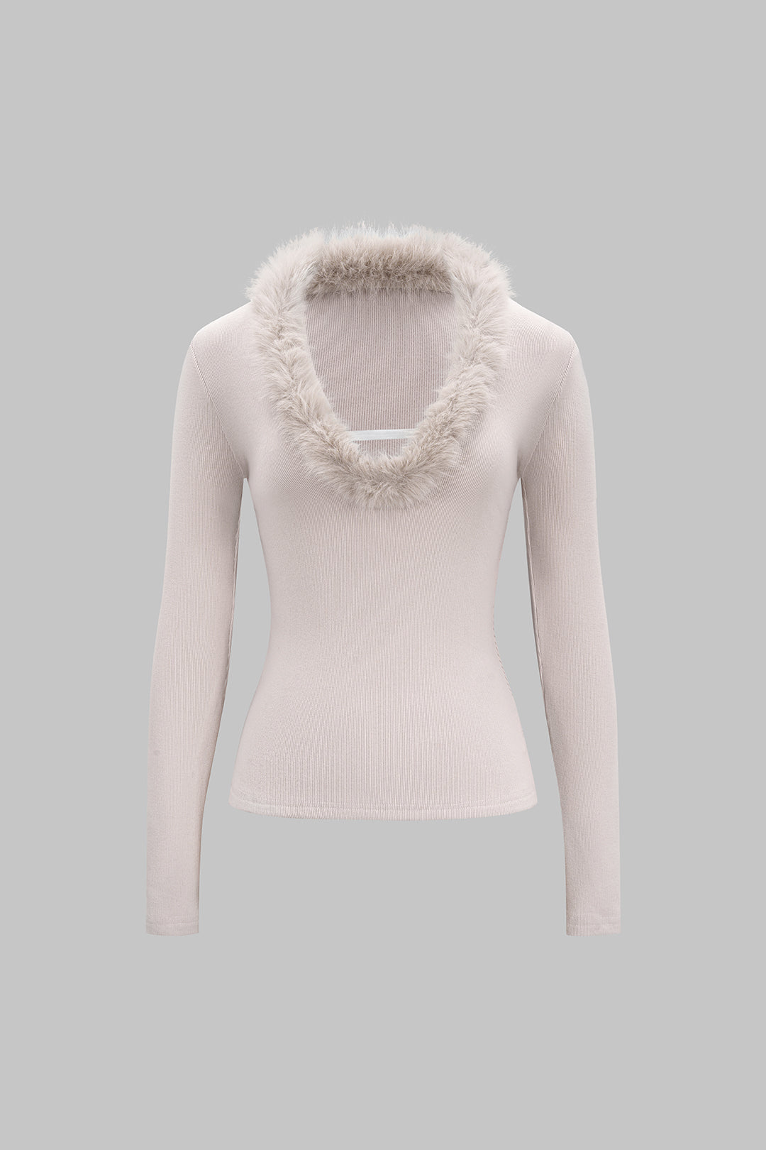 Sweter z dekoltem w serek z futrzanym wykończeniem