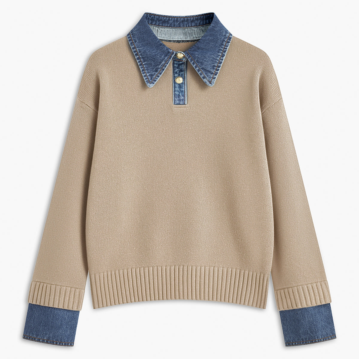Sweter z kołnierzykiem i mankietami jeansowymi