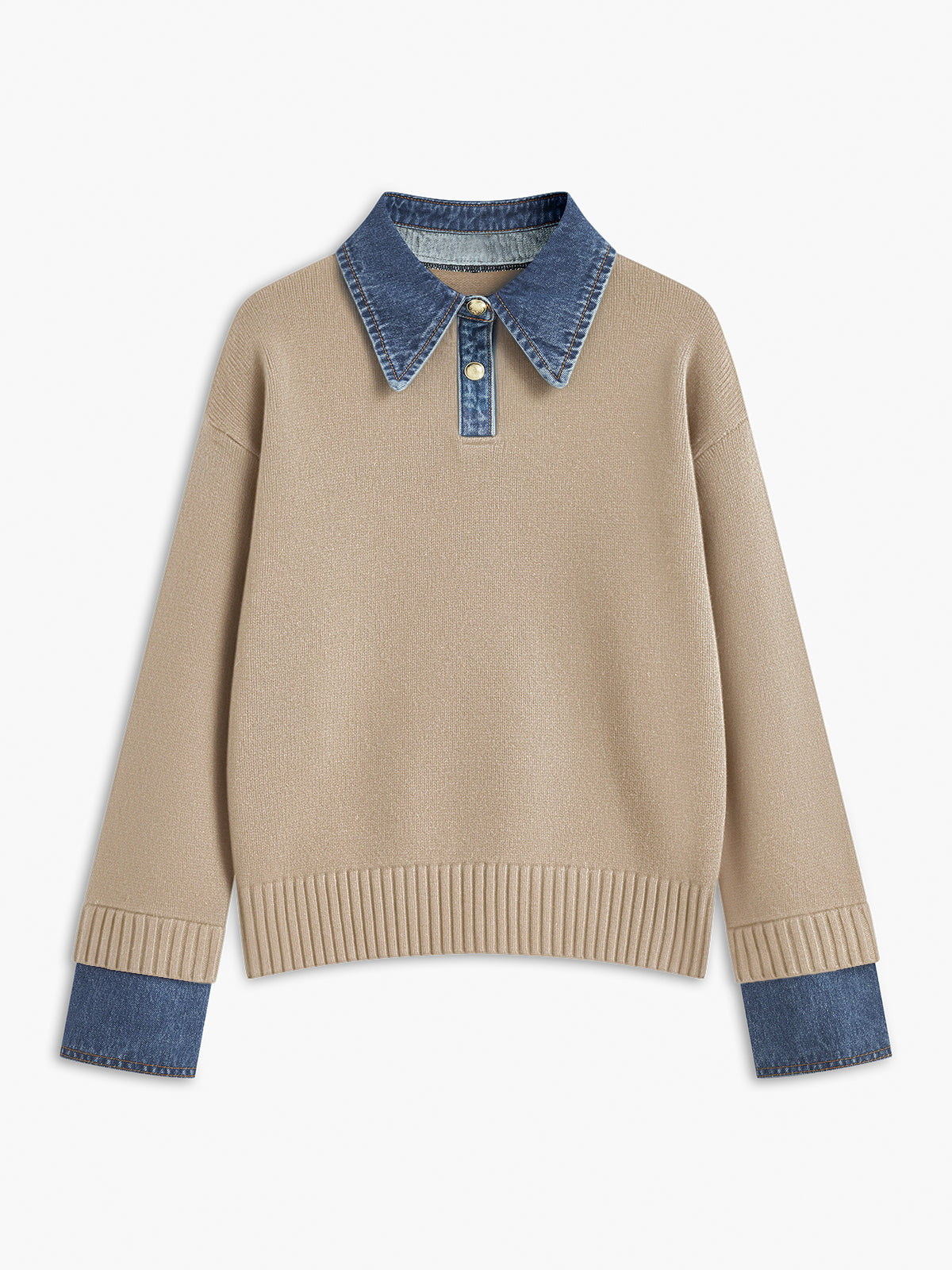 Sweter z kołnierzykiem i mankietami jeansowymi