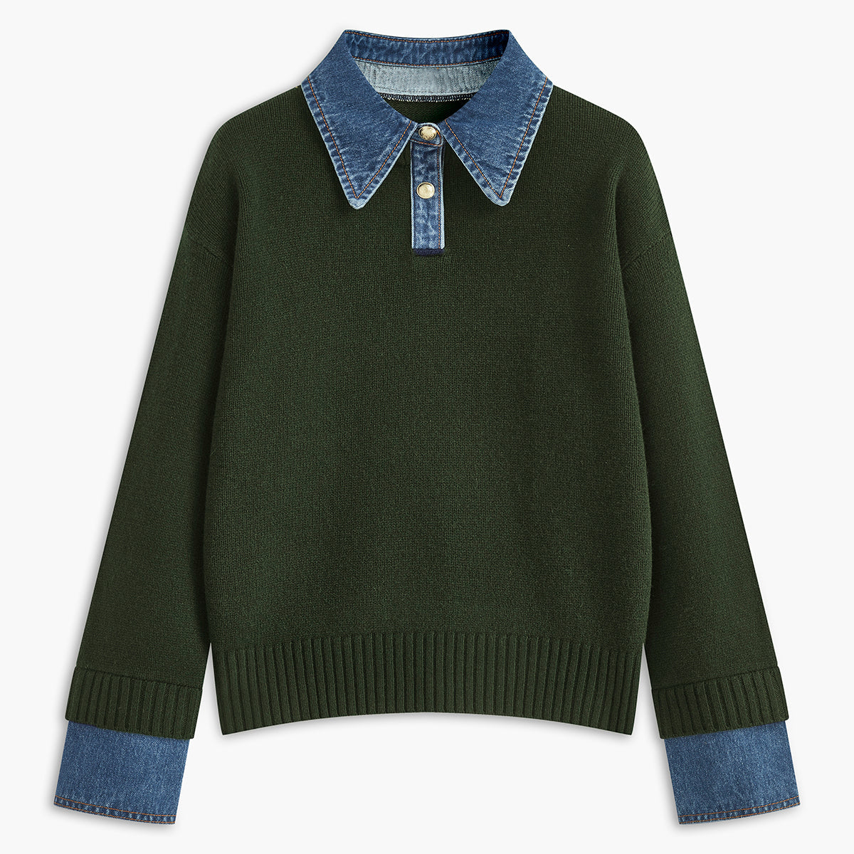 Sweter z kołnierzykiem i mankietami jeansowymi