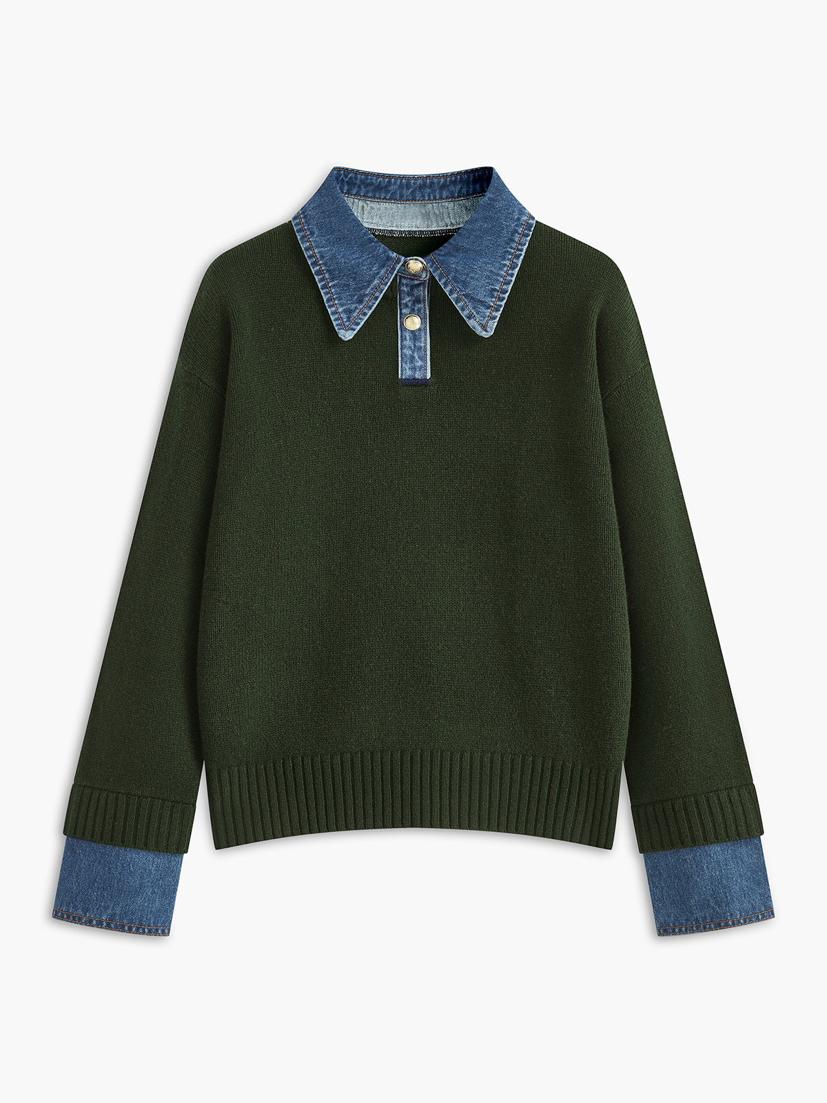 Sweter z kołnierzykiem i mankietami jeansowymi