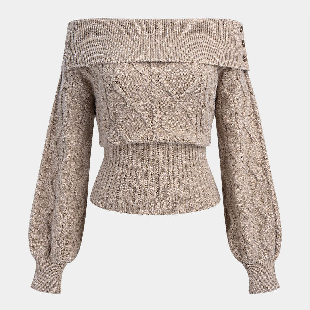 Sweter z odkrytymi ramionami i warkoczowym splotem
